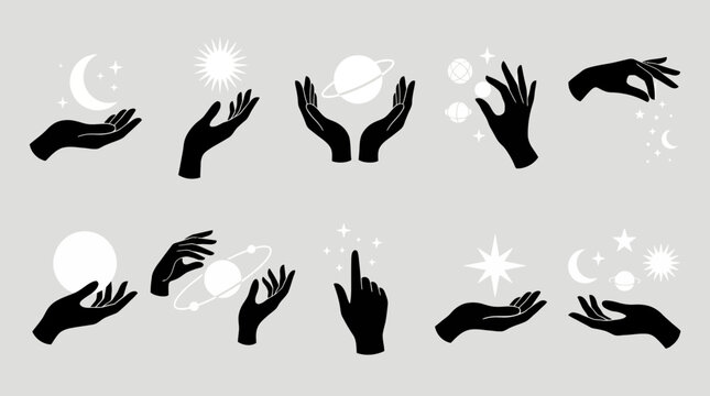Mystical hands holding moon sun planets and stars in celestial magic minimalist silhouette vector set on grey background