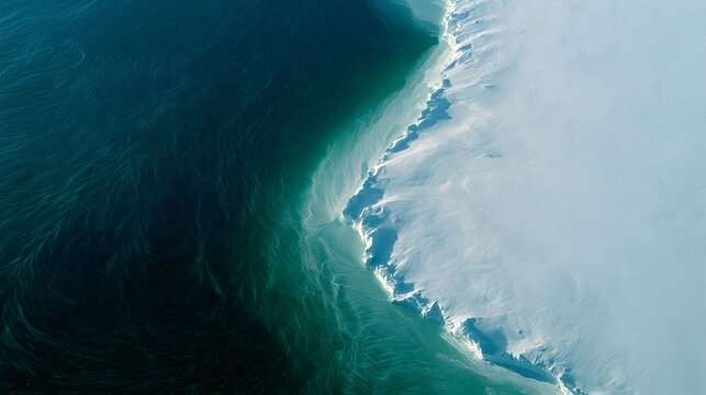 Aerial top view arctic ice shelf wide horizontal backdrop, summer turquoise ocean glacial edge minimal nature texture for print brochure, website banner and corporate presentation slide layout