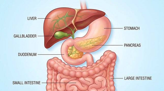 Anatomical diagram of the human digestive system showing major internal organs