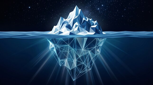 Digital technology concept showing glowing data network floating beneath iceberg underwater view with technology underwater abstract connection information innovation internet particle