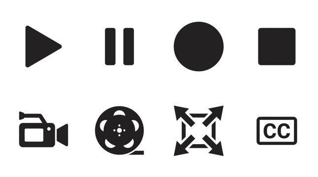 Collection of eight media playback and recording icons play, pause, stop, record, video camera, film reel, fullscreen, and closed captions symbols