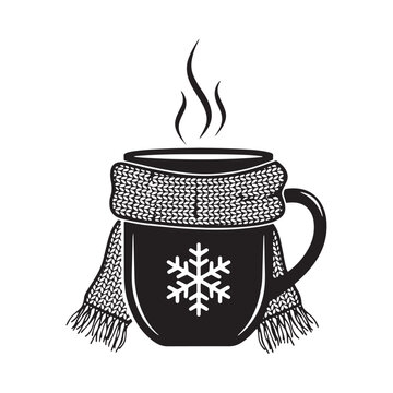Mug With Scarf And Snowflake Black Silhouette On White Background