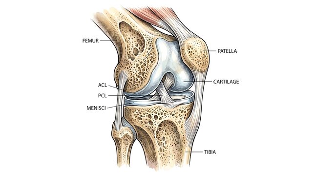 Anatomical of a human knee joint with labeled skeletal structures anatomy