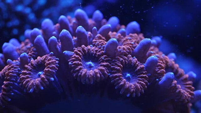 Vibrant coral polyps with textured tentacles glowing under deep blue underwater lighting. Perfect for marine branding, educational content, wellness visuals