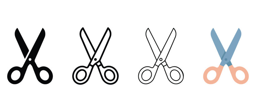 scissor icons in black gray white and blue with orange handles on white background  scissor icons for cutting tools