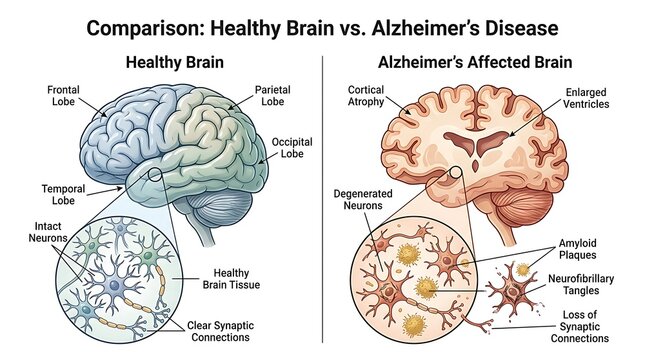 Comparison diagram of a healthy brain versus an alzheimer affected brain