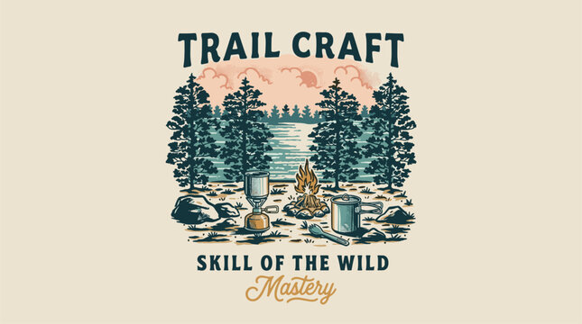 Trail craft camping. Vintage outdoor adventure design. Wild forest mastery graphic.