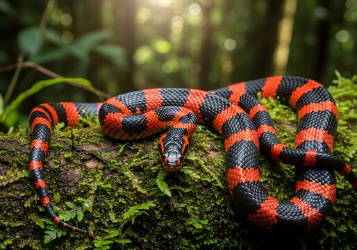 Vibrant Coral Snake on Mossy Log in Lush Rainforest.