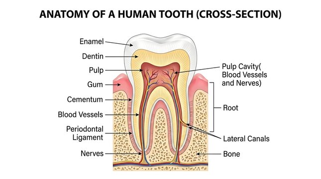 Cross section anatomical diagram of a human tooth and supporting structures
