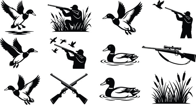 Duck Hunting Silhouette Icons Collection Wildlife Vector Illustration