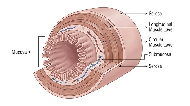 Cross section anatomy of the human intestinal wall layers medical diagram
