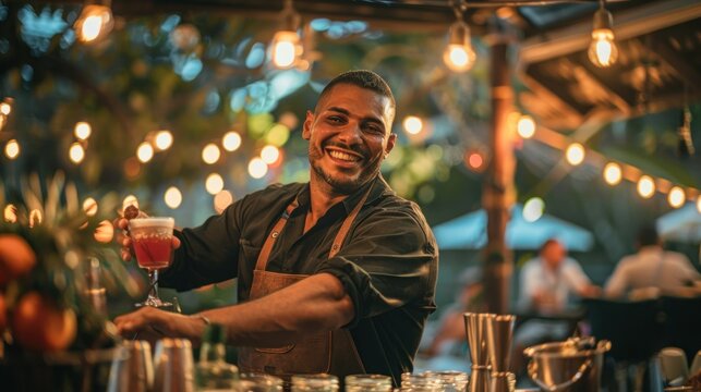 Bartender making cocktail outdoor bar