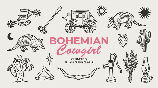 Bohemian cowgirl vintage set. Retro cowboy western artwork. Hand drawn desert icons.