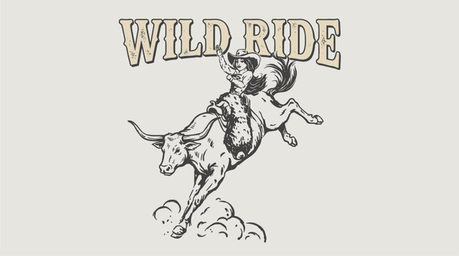 Wild ride cowgirl bull riding. Retro western vintage artwork. T shirt print design.