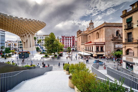 City square full tourists, Plaza de la Encarnaci&oacute;n, Setas de Sevilla, life on streets Spain.