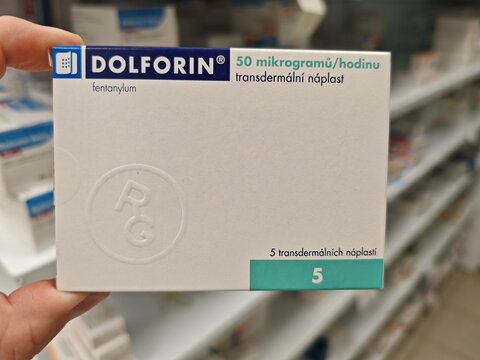 Prague,Czech Republic-April 2 2026: DOLFORIN Fentanyl by Zentiva transdermal patches used for management of severe chronic pain