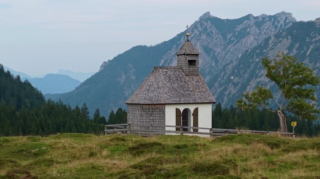Aerial view of Postalmkapelle chapel in Austrian Alps mountains, Salzkammergut