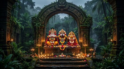 Fototapeta premium Jagannath rath yatra hindu festival divine idols with traditional jewelry spiritual india devotion culture sacred temple celebration religious festive background