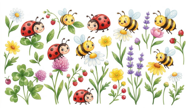 Watercolor Cartoon Bee and Ladybug Characters with Floral Elements Vector Illustration Collection