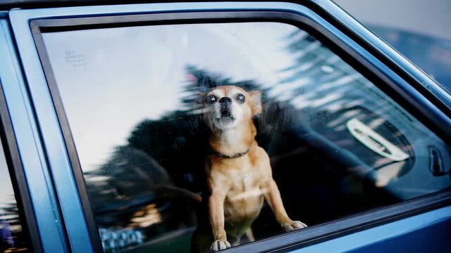 A small dog sits inside a closed car and barks. Close-up shooting