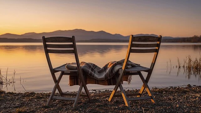 Two empty wooden folding chairs with a cozy plaid blanket draped between them on a pebbly shore, facing a calm lake  at sunset. A peaceful conceptual background for International Friendship