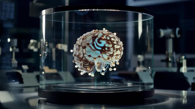 Futuristic holographic brain model floating in a glass container with advanced technology equipment in a laboratory