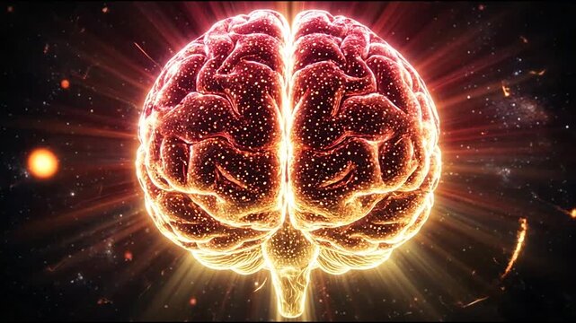 Fiery golden human brain glowing in dark space.