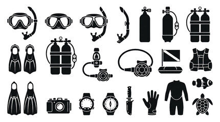 Snorkel Mask Set Diving Gear Icons Scuba Equipment Collection for Underwater Exploration and Marine Adventure © B