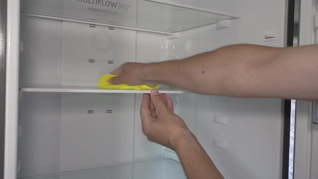 Cleaning modern refrigerator at home, Man washing glass shelf inside empty fridge close up