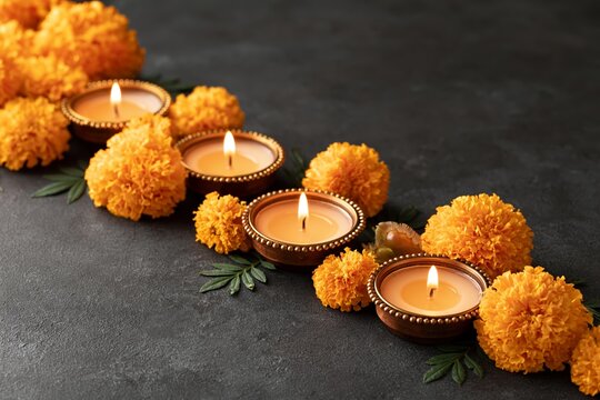 Candles and marigolds arranged on a dark surface for a festive celebration or event. Day of the Dead background with free space for text and marigolds on a dark surface