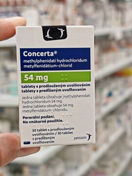 Prague,Czech Republic-April 2 2026: CONCERTA prolonged release tablets used for treatment of attention deficit hyperactivity disorder