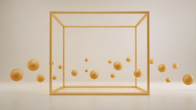 Minimalist composition features golden spheres floating around an open cubical frame