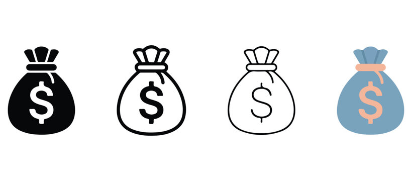 money bag with a dollar sign symbol on each bag showing different styles including solid fill outline and flat design elements for financial concepts