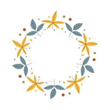 Autumn leaves wreath vector illustration, round botanical frame with fall foliage and dots for thanksgiving card, invitation and sale