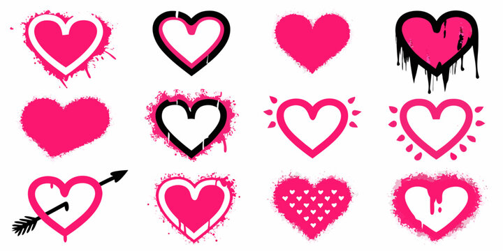 Collection Of Pink Heart Icons With Spray Paint And Drip Effects