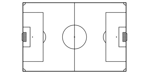 Soccer football field top view layout with pitch markings, goals and center circle, sports arena diagram, tactical planning template, vector illustration © Lutfunnaher