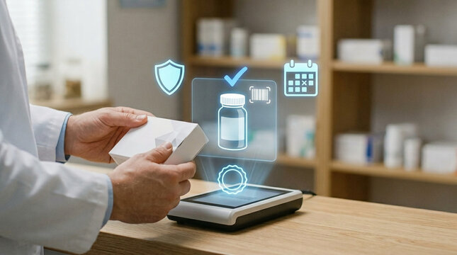 Professional Pharmacist Using Futuristic Holographic Scanner Interface to Verify Prescription Medicine and Insurance in Modern Digital Pharmacy Store