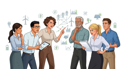Obraz premium Illustration of a diverse group of business professionals discussing and analyzing data on tablets with various graphs and icons in the background on a white.