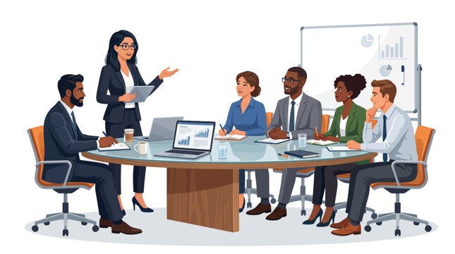 Illustration of a diverse business team in a meeting with a woman presenting at a large wooden table with laptops and a whiteboard in the background.