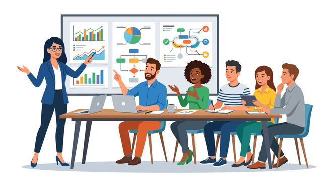 Businesswoman presenting data to a diverse team in a meeting with a whiteboard and laptop on a table in a modern office setting with a professional mood.