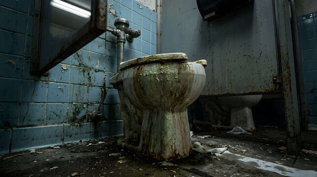 Abandoned public restroom with dirty, decaying toilet