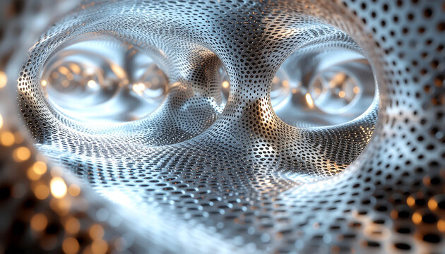 Close-up of two crystal clear glass orbs with intricate geometric patterns and reflections against a textured metallic surface.