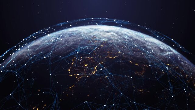 Global network earth concept featuring interconnected digital nodes and communication links, representing AI, cloud computing, big data, internet connectivity, cybersecurity, and future technology inf