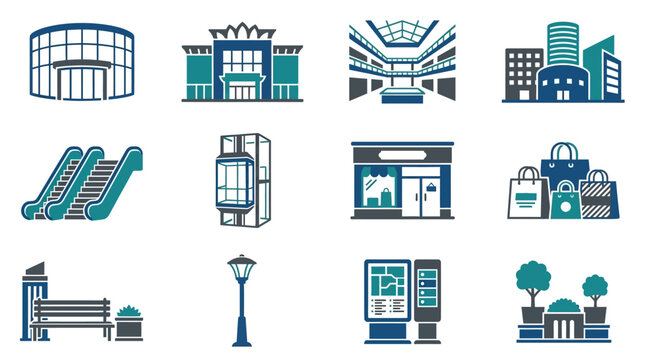 Flat vector icons representing shopping mall and retail elements