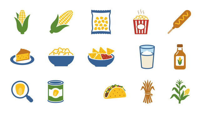 Set of colorful flat icons depicting various corn foods