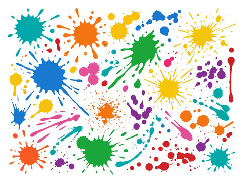 Vibrant colorful paint splashes create a dynamic graphic art piece on a white background with splsh.