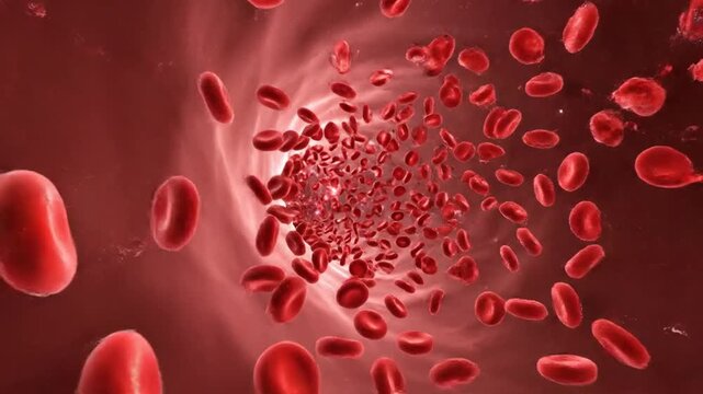Hemoglobin and red blood cells flowing through a human artery
