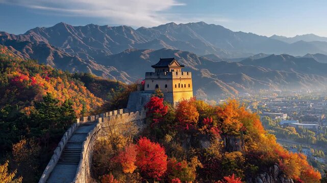 Great Wall in Autumn Splendor: A majestic section of the Great Wall of China winds through a vibrant autumn landscape.