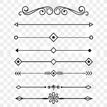 Set of decorative calligraphic elements, vector vintage page dividers, borders, elegant underline art, ornate text separators, and fancy horizontal lines, perfect for documents and creative projects.