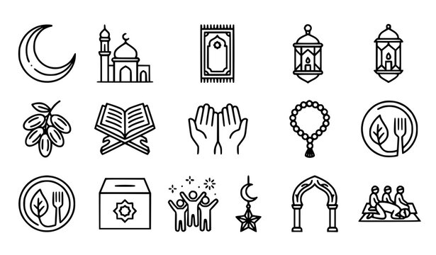 Islamic symbols and traditions line icons set